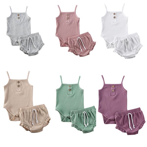 

solid baby 2pcs set cotton fashon casual summer newborn kid baby girls clothes knitted crop + shorts outfits 0-24 months, White