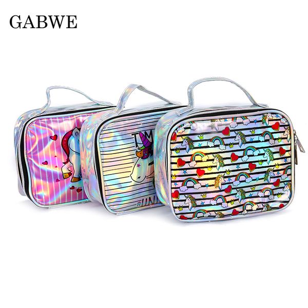 

gabwe fashion bag laser handbag women makeup bag unicorn cute cosmetic cases holographic beauty toiletry for travel neceser