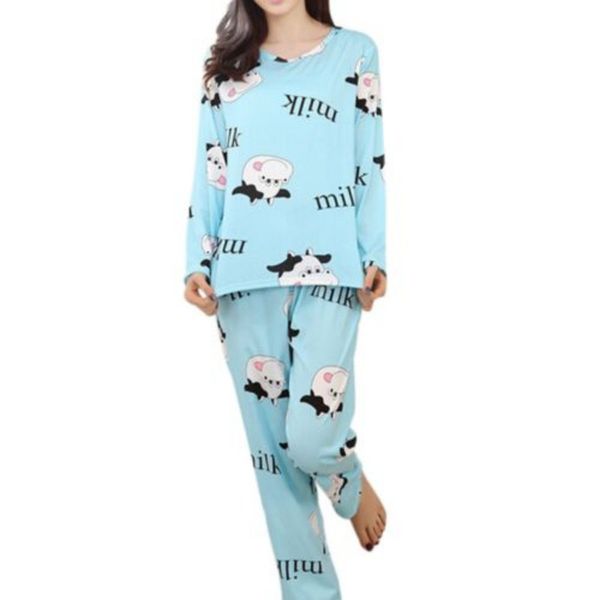 

autumn women soft casual sleepwear cartoon nightwear homewear pajamas set, Blue;gray