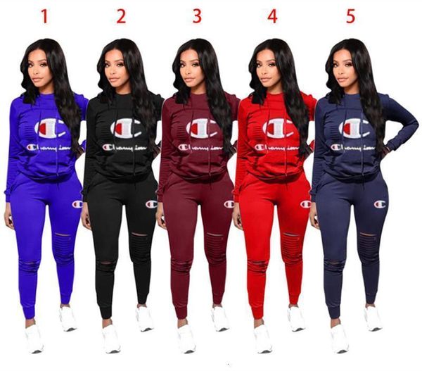 

women champions tracksuit letter designer t shirt 2 piece set sportswear long sleeve hoodies sweatshirt ripped hole pants leggings outfits