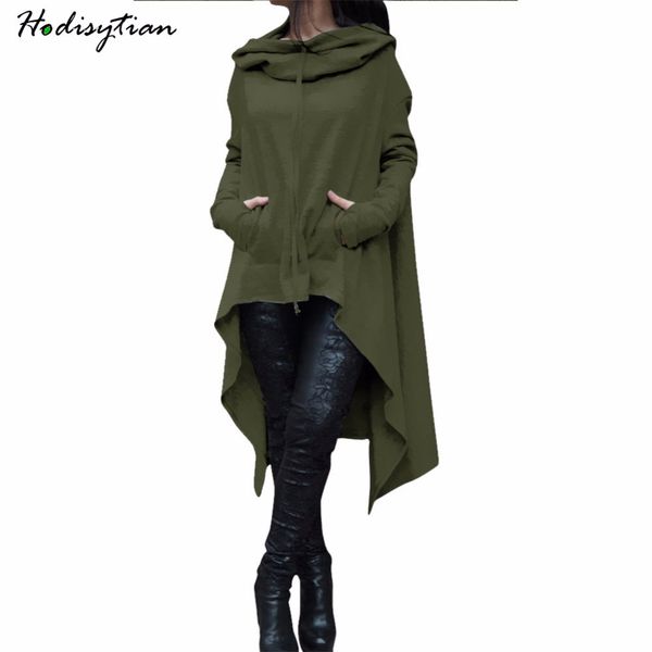 

hodisytian women hooded hoodie sweatshirts pullovers coat irregular casual outerwear long sleeve tunic solid feminina plus size, Black