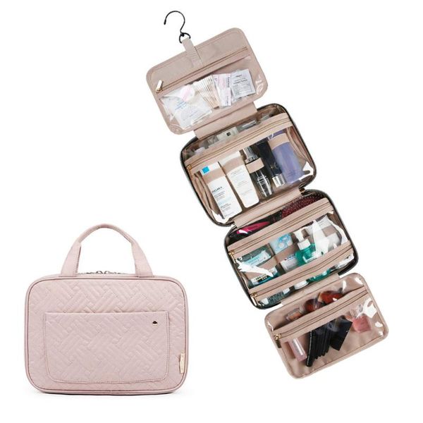 

multi-layer foldable toiletry bag travel bag with hanging hook, water-resistant makeup cosmetic travel organizer