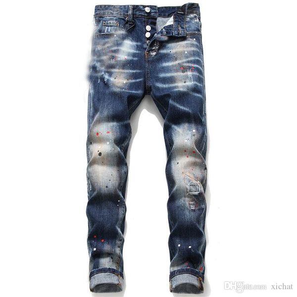 

уникальные мужские проблемные рваные синие узкие джинсы модный дизайнер slim fit промытые мотоциклетные джинсовые брюки обшитые панелями хип, Blue