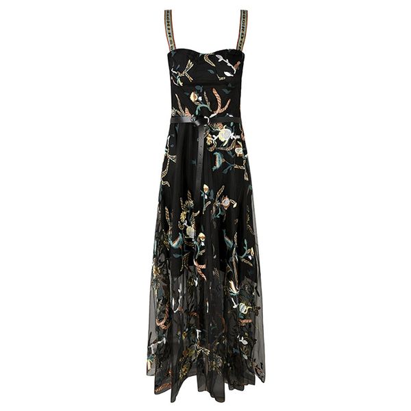 

2018 brand same style dress flora print spaghetti strap embroidery a line ankle length empire wedding womens dress sh, Black