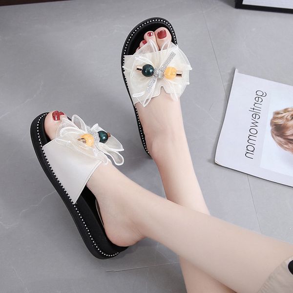 

shoes women slippers casual summer woman platform slides butterfly-knot med soft flat beach rubber pu slippers, Black