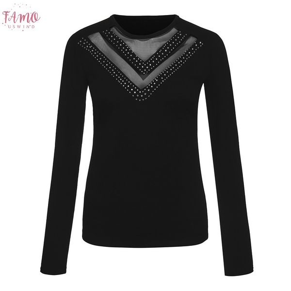 

women perspective black womens autumn o neck solid color long sleeve diamond mesh casual, White