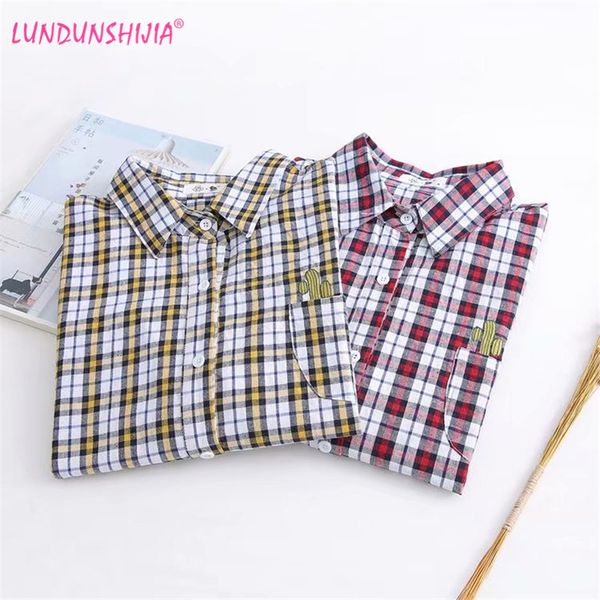 

lundunshijia blusas femininas 2019 spring autumn women cute cactus pocket blouse long sleeve plaid shirts ladies loose, White