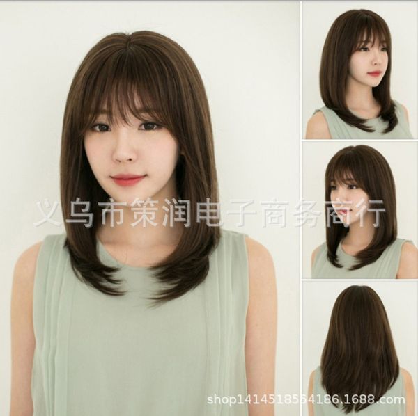 Wig Womens Pear Head Mid Length Wavy Korean Style Wig Air Bangs