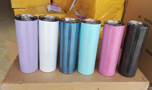 

new arrival 6colors glitter skinny tumbler 20oz rainbow paint stainless steel stragiht cups vacuum insulated straight cup with lids a07