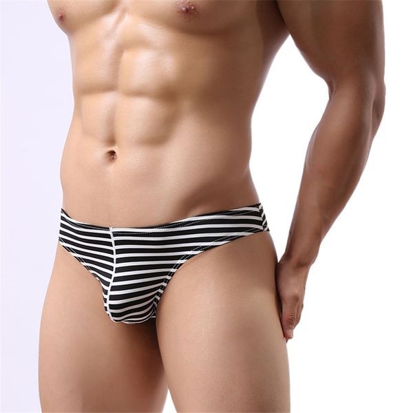 

striped bikini style men's tight-fitting triangle low waist underwear man modal cotton half-pack hip briefs, Black;white