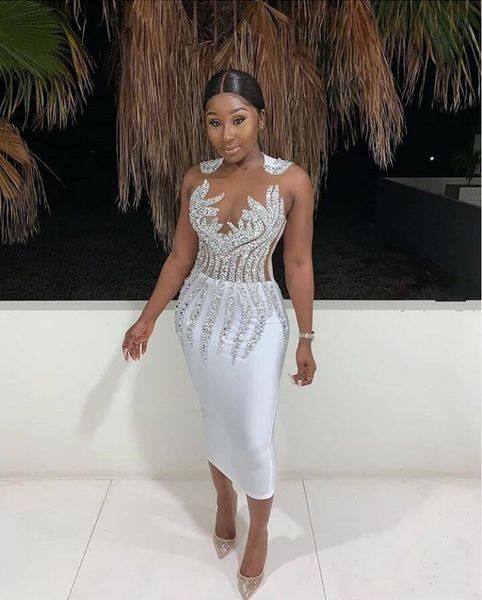 

white crystal beaded short cocktail dresses 2020 african sheer tulle tea length sheath formal party prom evening gowns, Black