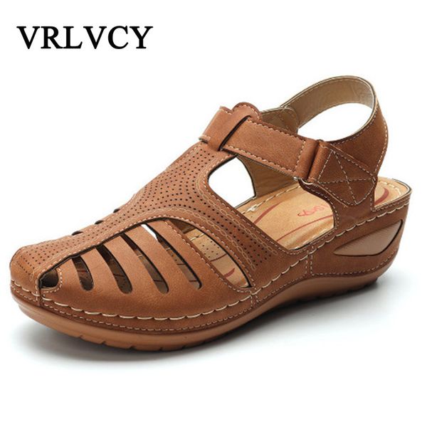 

woman summer leather vintage round toe sandals buckle casual sewing women shoes female shoes ladies platform plus size shoes y200702, Black