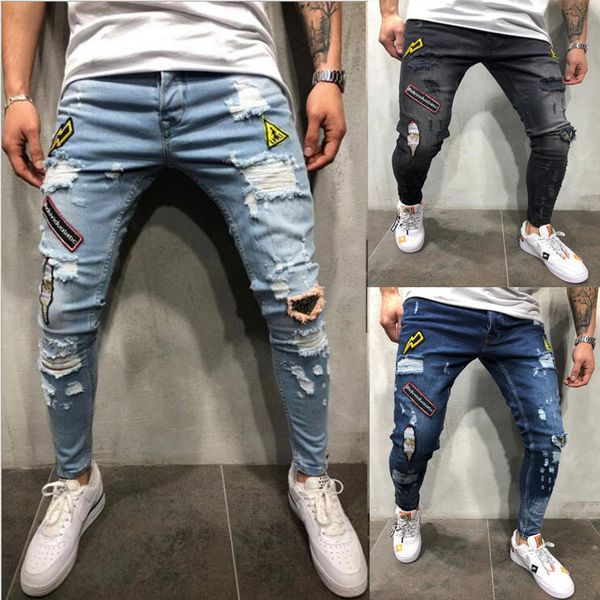 

new modis pantalon jean homme embroidered print calca jeans masculino hole skinny vaqueros hombre elastic jogger men jeans pants, Blue