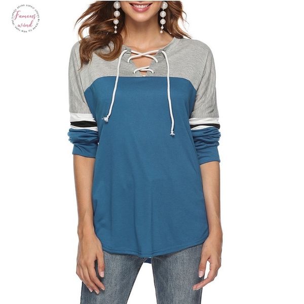 

female contrast color autumn v neck cotton t shirts 2018 loose patchwork lace up tee shirt winter full sleeve women, White