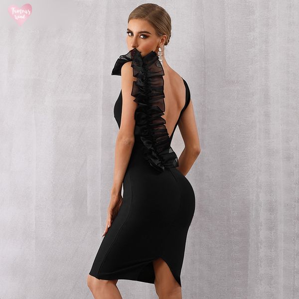 

bandage dress 2019 knee length new summer bodycon women black v neck ruffles vestidos backless celebrity evening party dress, Black;gray