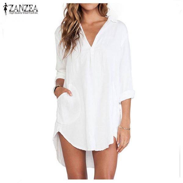 

solid loose casual chiffon blouse shirts irregular split zanzea 2019 women turn down collar button long blusas female, White