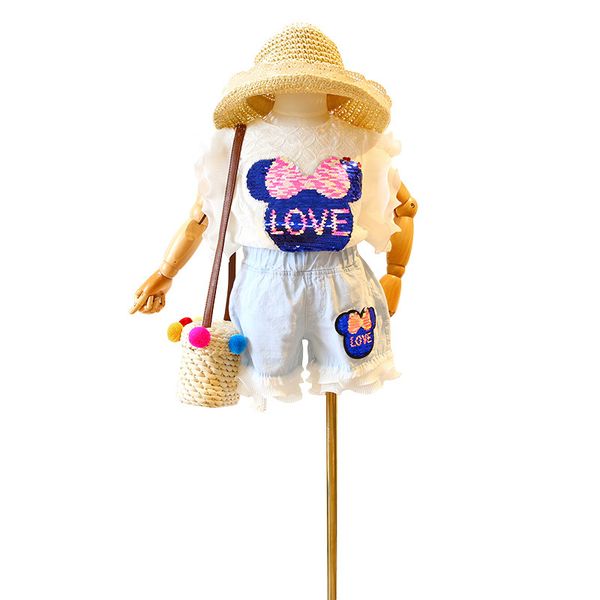 

wholesale designer summer baby girls 2 piece outfits ruffled sequin cartoon t shirts and denim lace shorts beach holiday outfits, White