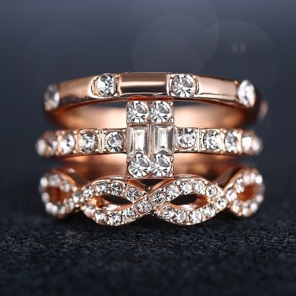 

danze 3 pcs/set rose gold shiny cz zircon rings set women girls spiral cross mix engagement rings size fashion wedding jewelry, Silver
