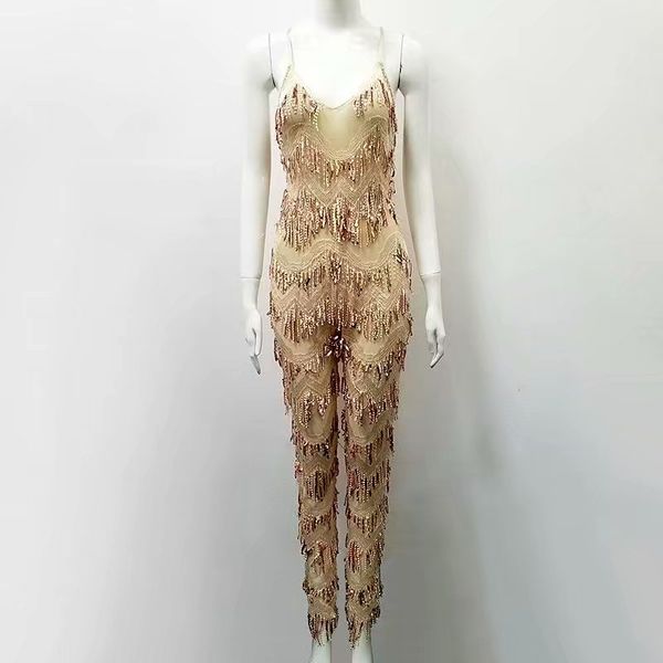 

gold color ladies bodycon jumpsuits v-neck tassel fashion celebrity jumpsuits high quality, Black;white