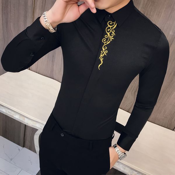 

3xl vintage embroidery shirt men 2020 long sleeve men shirt solid simple mens casual shirts slim fit business formal wear, White;black