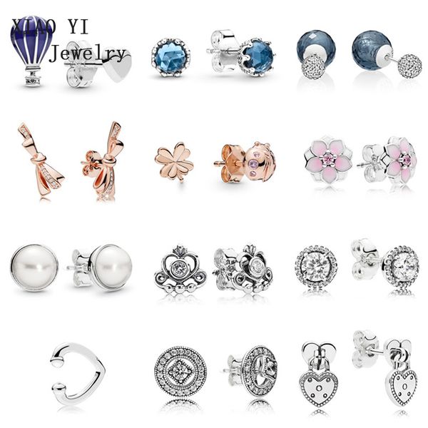 

xiaoyi s925 2020 11 spring pink flower heart lock bow knot air balloon with heart wedding earring fashion lady, Golden;silver