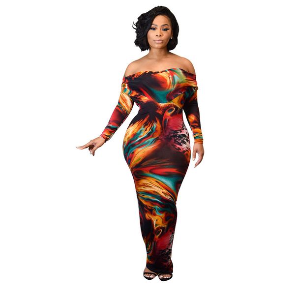

2020 spring summer off shoulder long sleeve print slim long dress fashion slash neck maxi bodycon party vestidos de festa, Black;gray