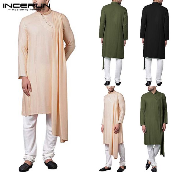 

men's casual shirts incerun clothes men shirt long sleeve kurtas solid color stand collar vintage irregular hem muslim kaftan, White;black