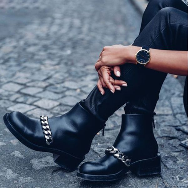 

teahoo luxury design silver gold chain women ankle boots chunky heel autumn women booties, Black