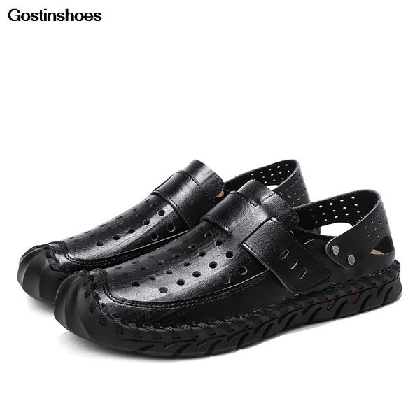 

sandalia sandel for men closed toe cowhide anti slip casual sandale homme cuir sandal summer shoes cow leather, Black