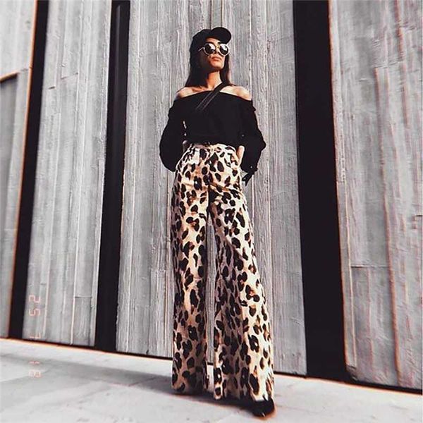 

stylish ladies women leopard print long palazzo pants fashion female loose wide leg long pants casual clothes four size, Black;white