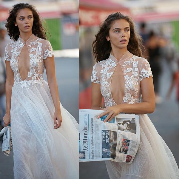 

liz martinez beach wedding dresses sheer high collar short sleeve appliqued bridal gowns tulle bohemian 3d flower wedding dress, White