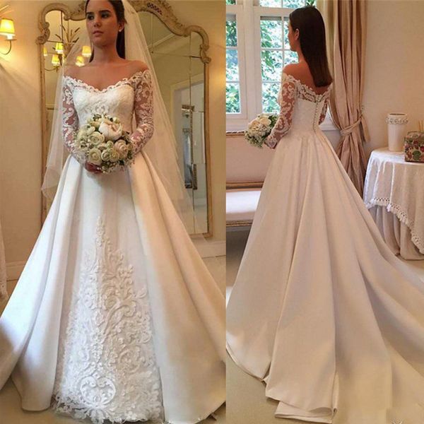 

2019 a-line wedding dresses off the shoulder illusion lace appliques long sleeves modest arabic satin bridal gown with sweep train, White
