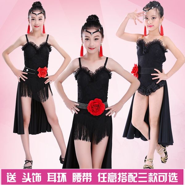 

new girl sling latin dance costumes competition clothes exercise clothes girls children's performance clothing latin skirt, Black;red