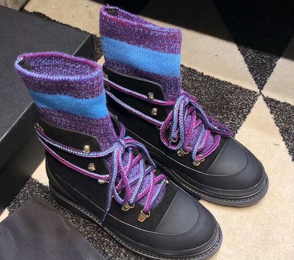 

fall / winter 19 new european station short boots women's handsome wool knitted wool low heel ankle boots lace up boots, Black