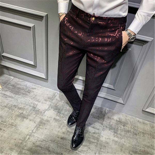 

formal pants for men dress pants red jacquard social trousers slim fit party perfume masculino pantalon costume homme 2020, White;black