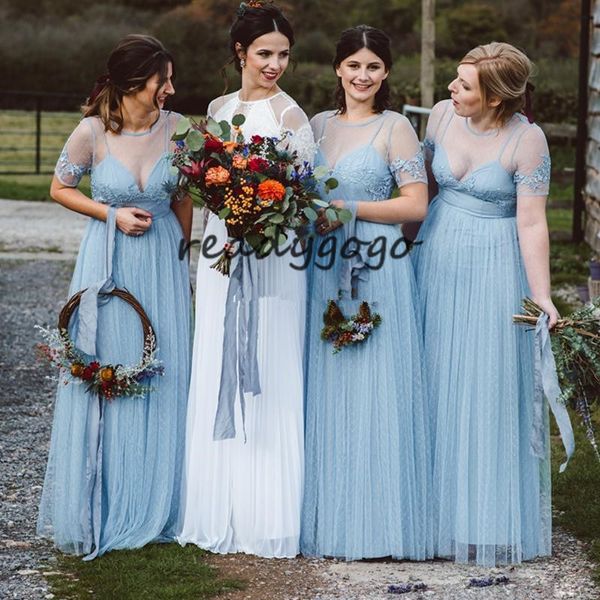 Eisblaue lange böhmische Landbrautjungfernkleider 2019, transparenter Ausschnitt, Spitze, Tüll, kurze Ärmel, Junior-Hochzeitsparty-Gastkleid