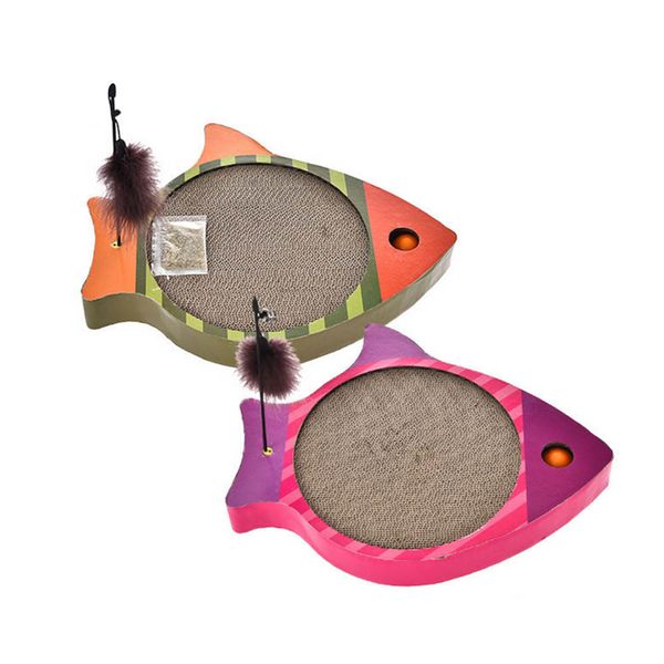 

funny fish-shaped cat scratch board pad teasing cat pole with grass pet corrugated safe card board scratcher toy