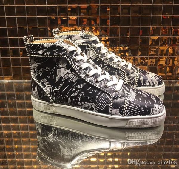 

2019 new season red bottom high cut orlato men's flat fashion sneakers black and white nicograf printed patent leather luxury party