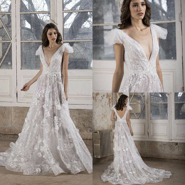 

tony ward lace bohemian wedding dresses 2020 deep v neck appliqued sequins a line backless bridal gowns sweep train beach wedding dress, White