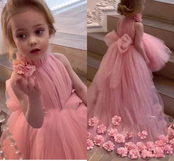 Pembe Yüksek Düşük Çiçek Kız Elbise 3D Çiçekler Büyük Yay Kızlar Pageant elbise primera comunion Uzun vestido de daminha Çocuklar için Elbise