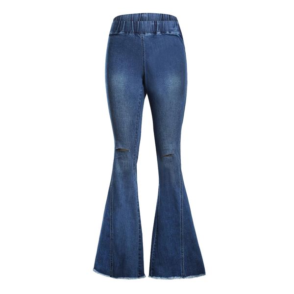 

women's long flared pants with knee holes elastic high waist denim jeans, Blue