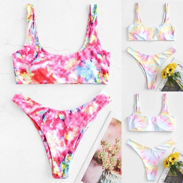

beautiful women's bikini set swimsuit two piece filled bra swimwear ladies sundress tie-dye print beachwear bathing suit biquini, White;black