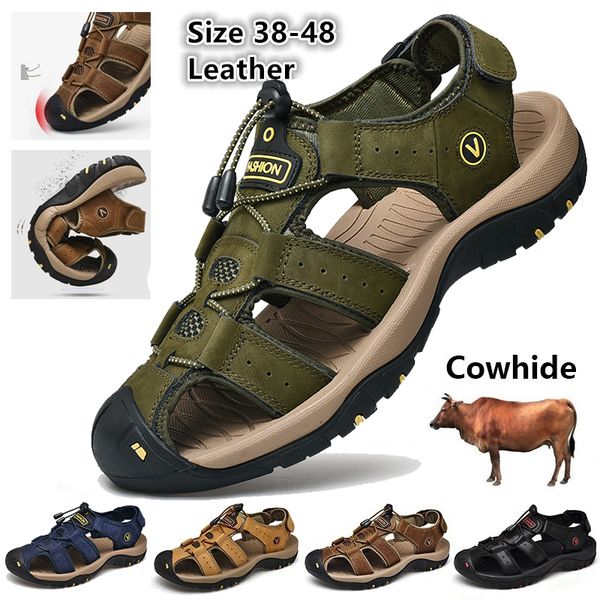 

cungel new fashion summer beach breathable men sandals genuine leather men's sandal man causal shoes plus size 39-48, Black