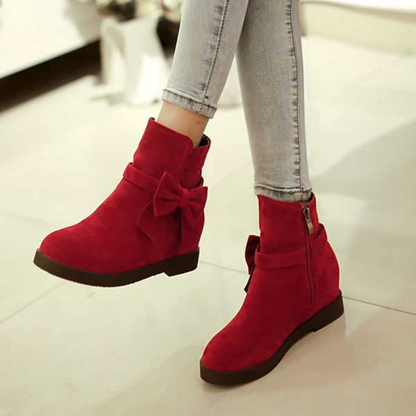 

fashion pure women's snow boots bowknot round toe ankle boots for women zipper wedges winter women flat heels botas mujer, Black