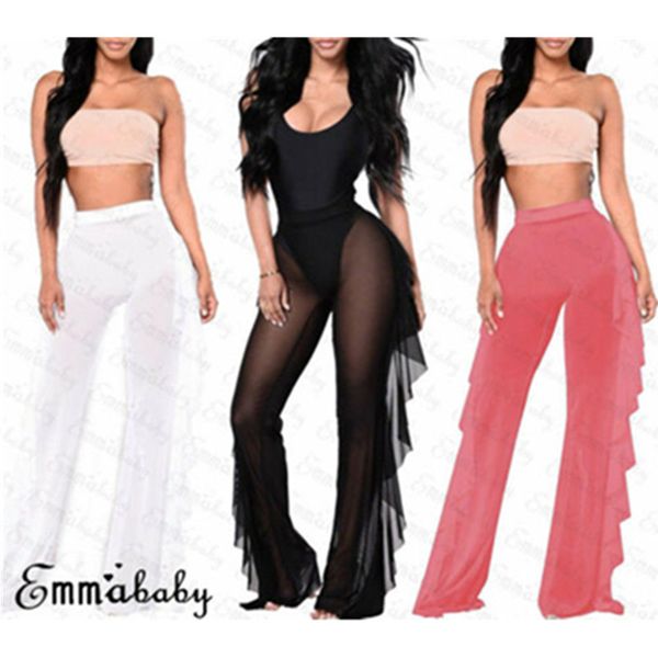 

ruffle women beach mesh pants sheer wide leg pants transparent see through sea holiday cover up bikini trouser pantalon w3, Black;white