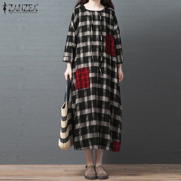 

casual dresses kaftan check hooded dress women plaid sundress zanzea 2021 spring long sleeve maxi vestidos female button robe plus size, Black;gray