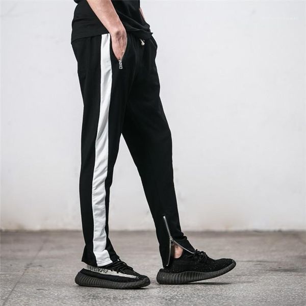 

zipper beam pants mens single stripe retro sports pants fashion solid color loose male casual, Black