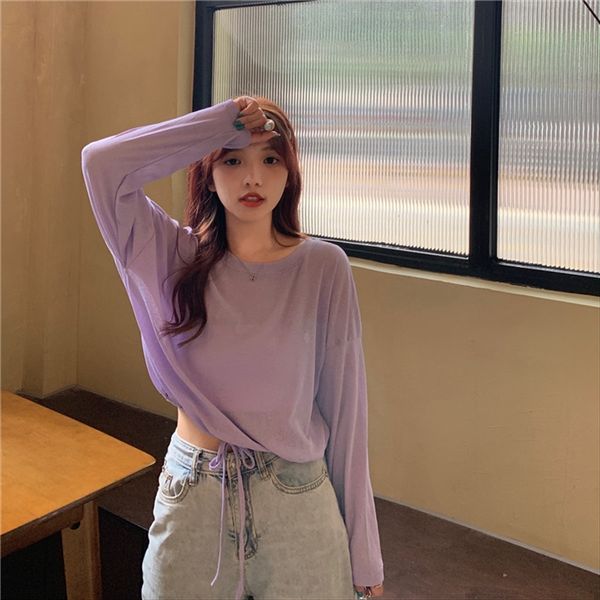 

loose versatile color long sleeve sunscreen women's 2020 simple drawstring t-shirt ins fashion candy t-shirt candy, White