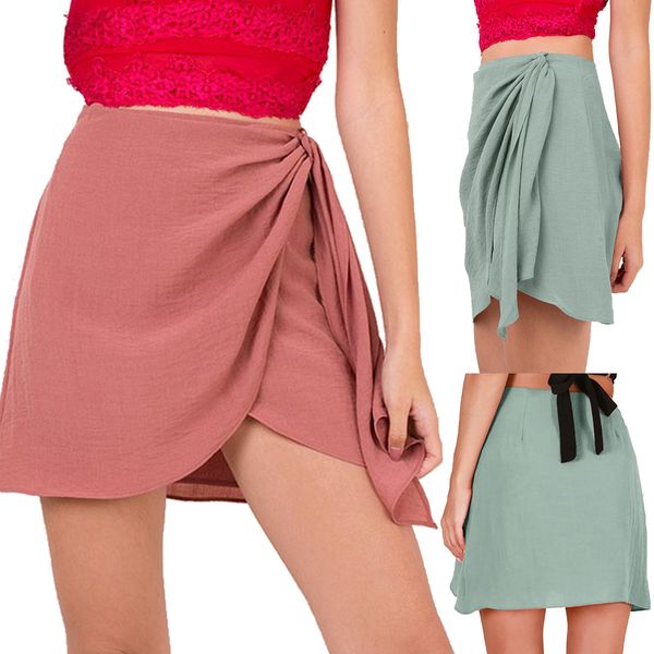 

Women Summer Skirt Casual Solid Fold Knot A-line Swing Mini Beach Skirt Durable for Your Daily Wearing!