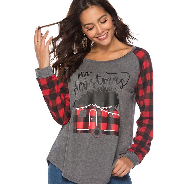 

women autumn plaids scotland tshirts merry christmas letters printed casual long sleeved, White